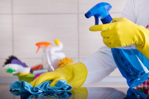 Cleaner in a domestic kitchen following safety procedures